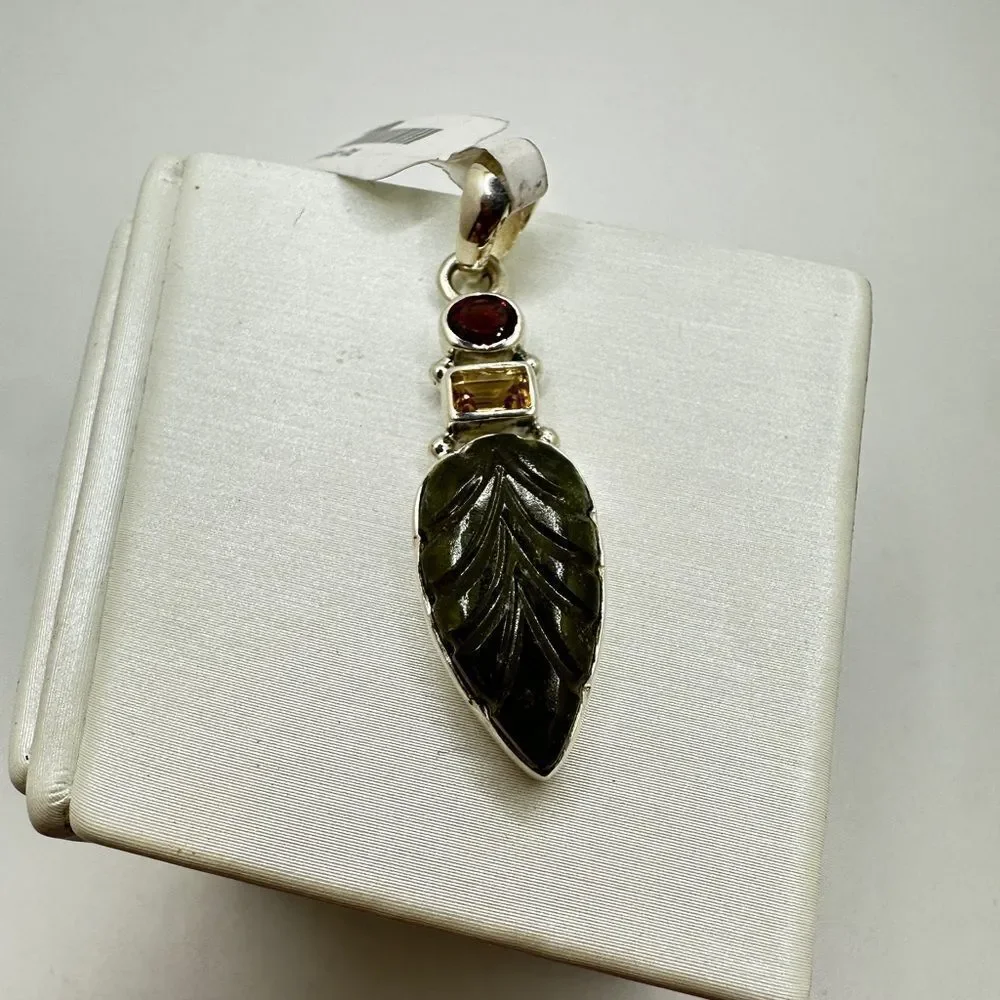 NWT Carved Vesuvianite leaf, faceted garnet/ citrine pendant in sterling silver!
